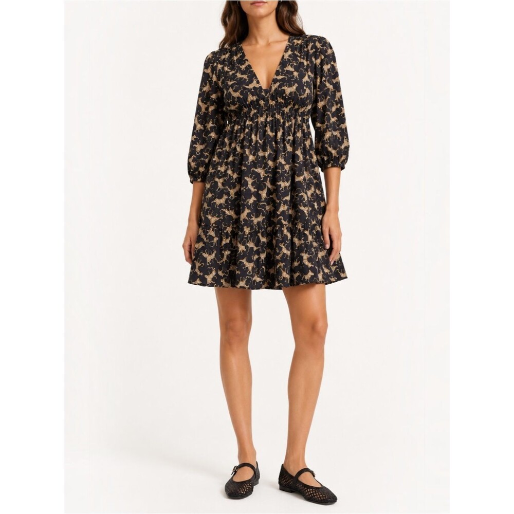 Leota Zariah Dress L Black Cheetah Leopard Print Organic Cotton Mini Puff Sleeve